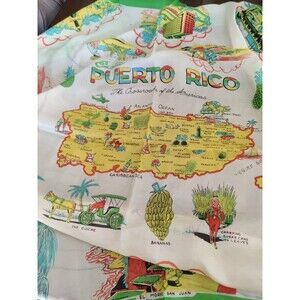 Vtg Puerto Rico SCARF Map & Tourist Attractions Souvenir Pure Silk 32"x32" Read!